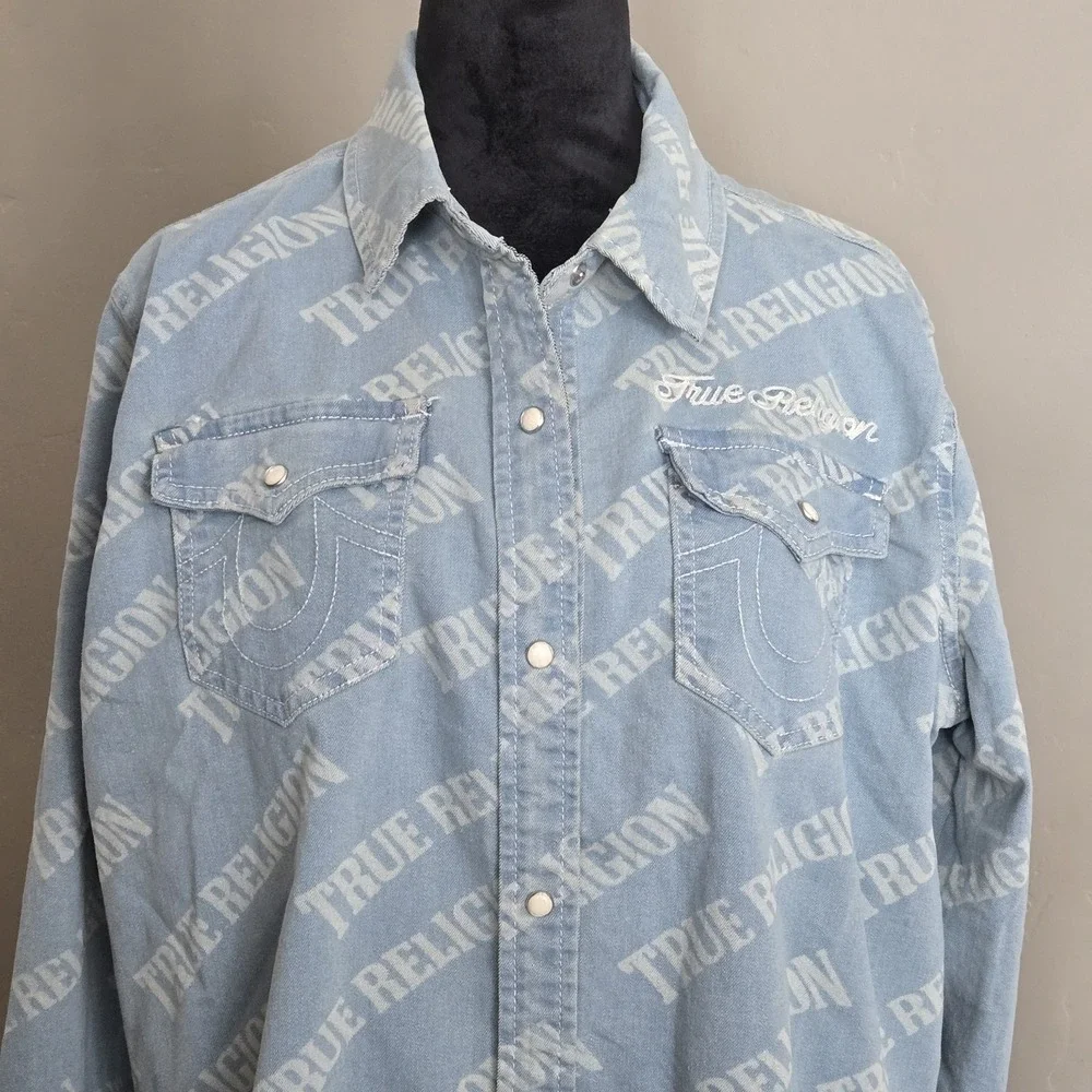 True Religion Georgia Denim Shirt Men's Sz Large Western Cowboy Pearl Snap‎